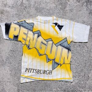 Vintage 90s Pittsburgh Penguins AOP All Over Print Size Large Single Stitch NHL